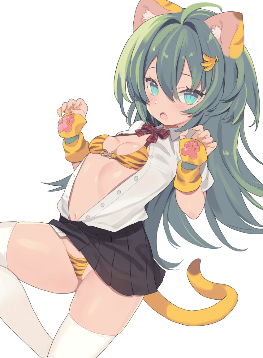 1girl :o ahoge animal_ears animal_hands bikini bikini_under_clothes black_skirt blade_(galaxist) blue_eyes blush bow bowtie buttons collared_shirt fang feet_out_of_frame gloves green_hair hair_between_eyes highres kemonomimi_mode long_hair looking_at_viewer miniskirt nail_polish open_clothes open_hands open_mouth open_shirt original paw_gloves plaid plaid_bow plaid_bowtie pleated_skirt school_uniform shirt short_sleeves sidelocks simple_background skirt solo striped striped_bikini swimsuit tail thighhighs tiger_ears tiger_stripes tiger_tail unbuttoned white_background white_shirt white_thighhighs yellow_gloves yellow_nails