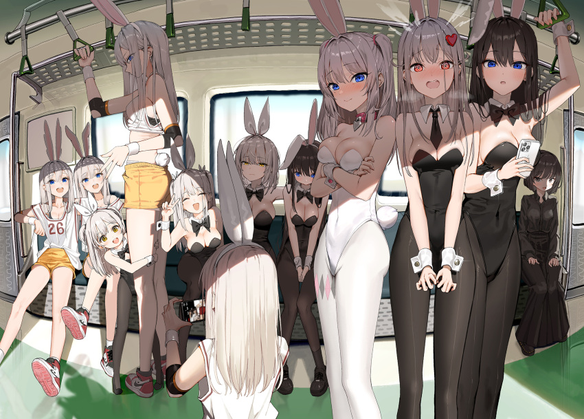 6+girls @_@ animal_ears black_hair black_leotard blue-eyed_bunny_girl_(dduck_kong) blue_eyes blush bow bowtie breasts bunny_girl_(dduck_kong) cellphone closed_eyes commentary covered_navel dduck_kong detached_collar duplicate fake_animal_ears fake_tail hair_ornament hairband heart heart_hair_ornament highleg highleg_leotard highres large_breasts leotard loafers long_hair multiple_girls naver_username original pantyhose phone pixel-perfect_duplicate playboy_bunny rabbit_ears rabbit_tail rat_girl_(dduck_kong) red_eyes shoes short_hair smartphone sneakers strapless strapless_leotard tail taking_picture train_interior white_hair white_hairband wrist_cuffs yellow-eyed_bunny_girl_(dduck_kong)