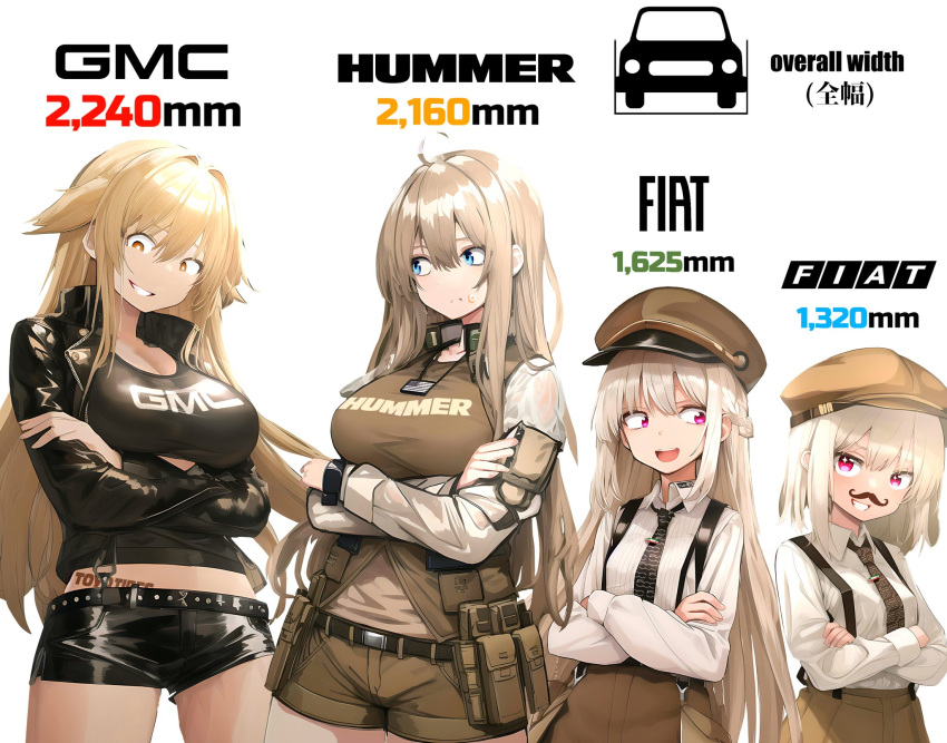 4girls ahoge belt belt_pouch black_belt black_necktie blonde_hair blue_eyes breasts brown_eyes cleavage commentary_request fake_facial_hair fake_mustache fiat frown gmc_(automobile) grin hat highres hip_tattoo hummer jacket jewelry kaito_(stop404man) large_breasts leather_shorts light_brown_hair motor_vehicle multiple_girls necklace necktie original peaked_cap personification petite pouch purple_eyes short_shorts shorts small_breasts smile sweatdrop tattoo