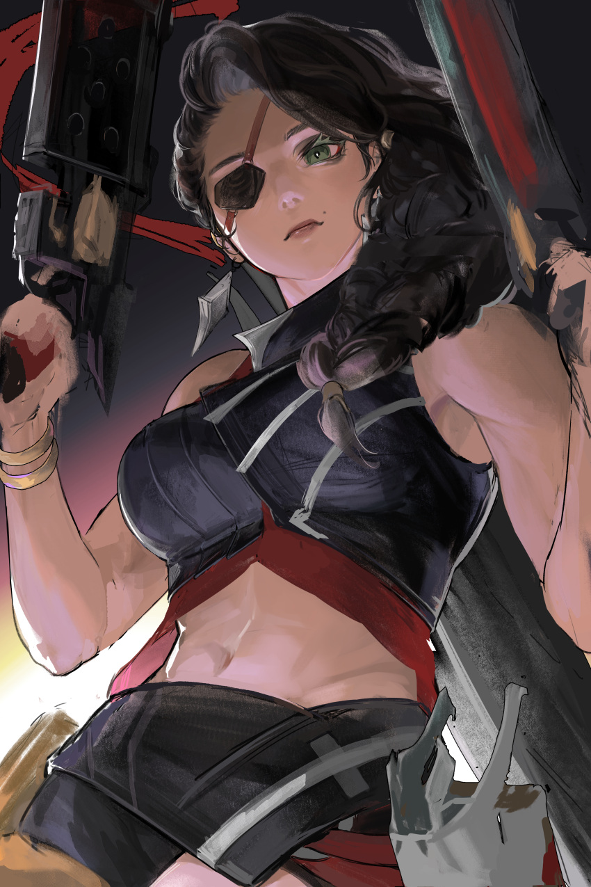 1girl absurdres bare_shoulders black_hair bracelet breasts closed_mouth earrings eyepatch gradient_background green_eyes gun hands_up highres holding holding_gun holding_weapon jewelry kkotkke large_breasts league_of_legends long_hair mole mole_above_mouth navel samira smile solo stomach weapon