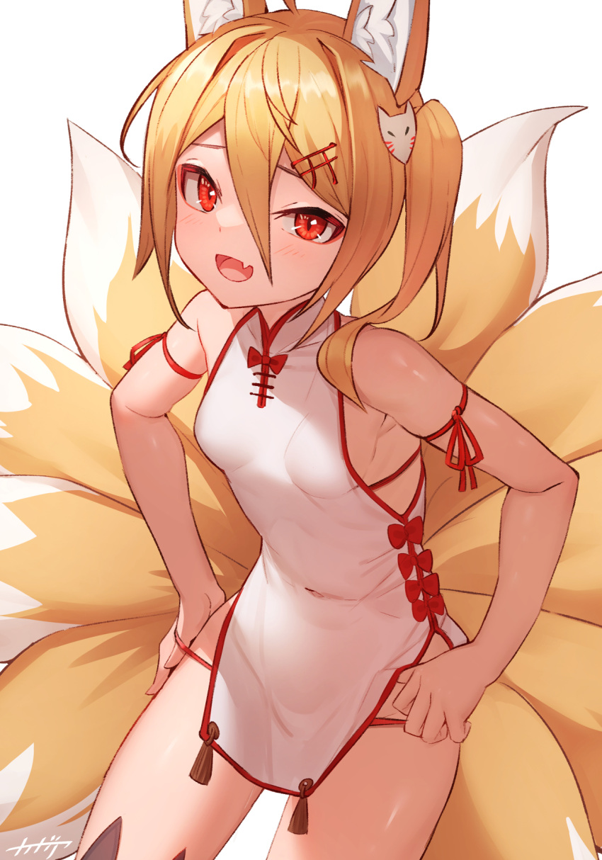 1girl animal_ear_fluff animal_ears arpeggio_kaga blonde_hair breasts china_dress chinese_clothes dress fox_ears fox_girl fox_tail hair_between_eyes highres looking_at_viewer multiple_tails open_mouth original red_eyes short_hair simple_background sleeveless sleeveless_dress small_breasts solo standing tail thighs white_background white_dress
