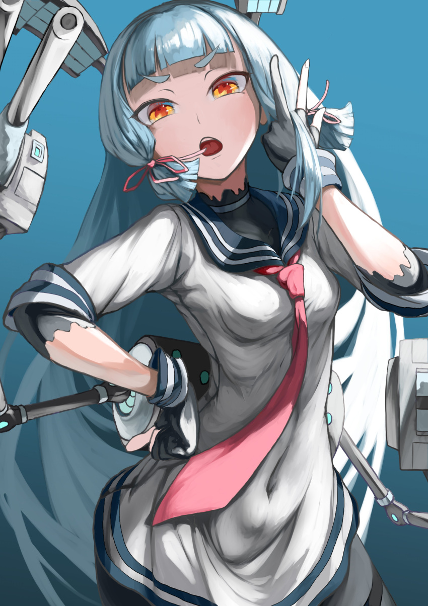 1girl absurdres adapted_turret black_gloves black_pantyhose black_shirt blue_background blue_sailor_collar covered_navel dress gloves grey_hair hair_ribbon hand_on_own_hip highres kantai_collection long_hair looking_at_viewer machinery multicolored_eyes murakumo_(kancolle) necktie open_mouth orange_eyes pantyhose partially_fingerless_gloves playing_with_own_hair red_necktie red_pupils ribbon rigging sailor_collar sailor_dress sannsogyoraikai shirt short_sleeves sidelocks skin_tight solo teeth tress_ribbon upper_teeth_only very_long_hair white_dress