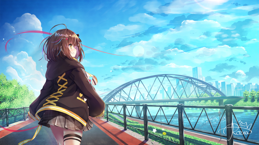 1girl ahoge black_jacket blue_sky bridge brown_hair brown_skirt closed_mouth cloud day hair_ornament hairclip highres jacket original outdoors plaid plaid_skirt pleated_skirt river rozea_(graphmelt) short_hair signature skirt sky smile solo thigh_strap variant_set