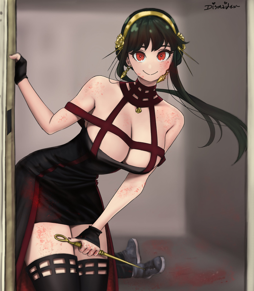 1girl 1other absurdres black_dress black_gloves black_hair black_thighhighs blood blood_on_clothes blood_on_face breasts cleavage dagger dismaiden dress earrings fingerless_gloves gloves gold_earrings gold_hairband hairband highres holding holding_dagger holding_knife holding_weapon implied_death jewelry knife large_breasts looking_at_viewer red_dress red_eyes smile solo_focus spy_x_family stiletto_(weapon) thighhighs two-sided_dress two-sided_fabric weapon yor_briar