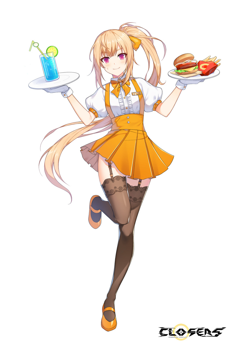 1girl alternate_hair_color badge blush bow bowtie breasts brown_thighhighs burger center_frills closed_mouth closers collared_shirt copyright_name cup drink drinking_glass drinking_straw floating_hair food french_fries frills fruit full_body garter_straps gloves hair_bow hands_up high-waist_skirt highres holding holding_plate ice ice_cube lace-trimmed_thighhighs leg_up lime_(fruit) lime_slice logo long_hair looking_at_viewer luna_aegis_(closers) mary_janes miniskirt official_art orange_bow orange_bowtie orange_footwear orange_hair orange_skirt pink_eyes plate pleated_skirt ponytail puffy_short_sleeves puffy_sleeves shirt shoes short_sleeves sidelocks skirt small_breasts smile solo standing standing_on_one_leg suspender_skirt suspenders sweat thighhighs underbust very_long_hair waitress white_background white_gloves white_shirt zettai_ryouiki