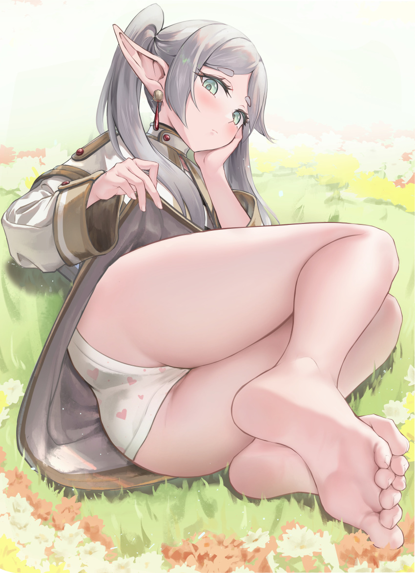 1girl absurdres ass bare_legs barefoot capelet closed_mouth clothes_lift commentary_request dangle_earrings earrings elbow_rest elf field flower flower_field frieren full_body green_eyes grey_hair head_rest heart heart_print highres jacket jewelry lifted_by_self long_hair looking_at_viewer lying on_ground on_side outdoors panties parted_bangs pointy_ears print_panties skirt skirt_lift soles solo sousou_no_frieren toes twintails underwear white_capelet white_jacket white_panties white_skirt yuye