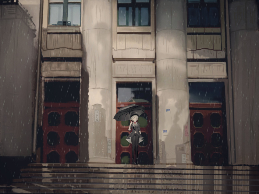 1girl absurdres ascot building door grey_eyes hat highres holding holding_umbrella naniko rain red_ascot reverse:1999 scenery sleeves_rolled_up solo stairs suit top_hat umbrella vertin_(reverse:1999) white_hair window