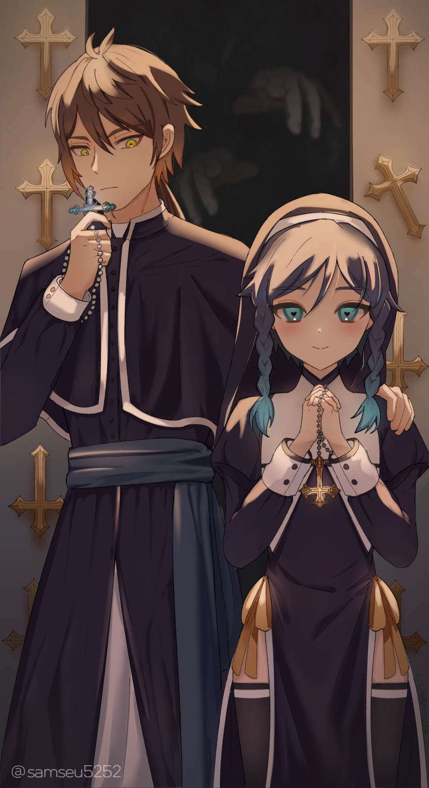 2boys absurdres androgynous aqua_eyes aqua_hair black_thighhighs blue_hair braid brown_hair church cross cross_necklace crossdressing genshin_impact halloween halloween_costume heart heart-shaped_pupils highres holding holding_cross jewelry long_sleeves looking_at_viewer multicolored_hair multiple_boys necklace nun otoko_no_ko praying priest samsue5252 smile symbol-shaped_pupils thighhighs twin_braids twintails two-tone_hair veil venti_(genshin_impact) yellow_eyes zhongli_(genshin_impact)