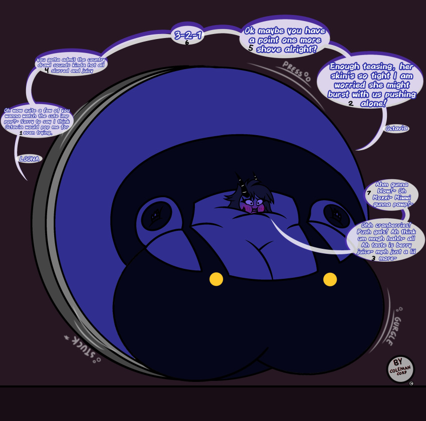 absurd_res anthro artist_name big_breasts blueberry_inflation breasts coleman12345 demon drenched english_text female glurgle helluva_boss hi_res huge_breasts hyper hyper_breasts hyper_inflation imp millie_(helluva_boss) solo speech_bubble squish stuck_in_door text vault_door