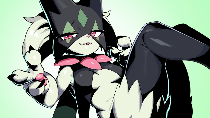 16:9 2023 3_fingers anthro black_finger_claws black_legs breasts claws drunk_oak female finger_claws fingers fur generation_9_pokemon green_body green_fur hi_res light_body light_fur meowscarada nintendo open_mouth pink_eyes pink_nose pokemon pokemon_(species) widescreen