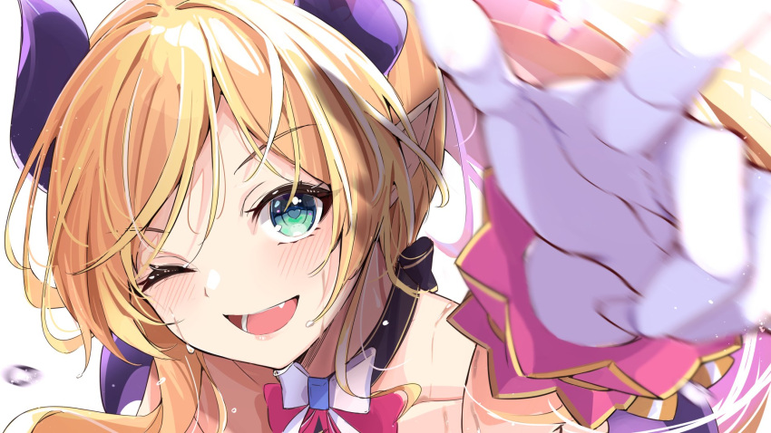 1girl anbasa_(amaneyuz13) bangs blonde_hair blurry blurry_foreground blush bow bowtie fang gloves green_eyes heart heart-shaped_pupils highres hololive hololive_idol_uniform horns long_hair looking_at_viewer one_eye_closed open_mouth outstretched_arm pointy_ears ponytail portrait reaching_towards_viewer sidelocks solo sweat symbol-shaped_pupils v virtual_youtuber white_gloves yuzuki_choco