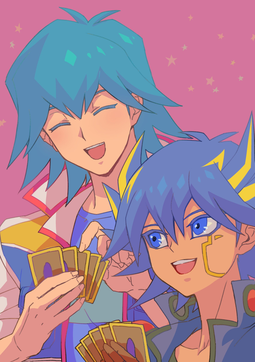 2boys absurdres blue_eyes blue_hair blue_jacket blue_shirt bruno_(yu-gi-oh!) card closed_eyes facial_mark facial_tattoo fudou_yuusei hands_up happy high_collar highres holding holding_card jacket looking_at_another male_focus marking_on_cheek multicolored_hair multiple_boys open_clothes open_jacket open_mouth pastel_colors pink_background shirt short_hair simple_background smile spiked_hair star_(symbol) streaked_hair tattoo trading_card upper_body youko-shima yu-gi-oh! yu-gi-oh!_5d's
