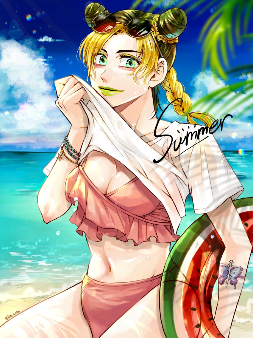 1girl beach bikini black_hair blonde_hair blurry bracelet braid breasts butterfly_tattoo cleavage clothes_lift cone_hair_bun dappled_sunlight depth_of_field double_bun english_text frilled_bikini frills green_eyes green_lips hair_bun highres innertube jewelry jojo_no_kimyou_na_bouken kujo_jolyne lipstick makeup mikan03260 multicolored_hair multiple_bracelets navel ocean pink_bikini shirt shirt_lift shore solo stone_ocean summer sunlight swimsuit t-shirt tattoo twitter_username two-tone_hair watermelon_innertube