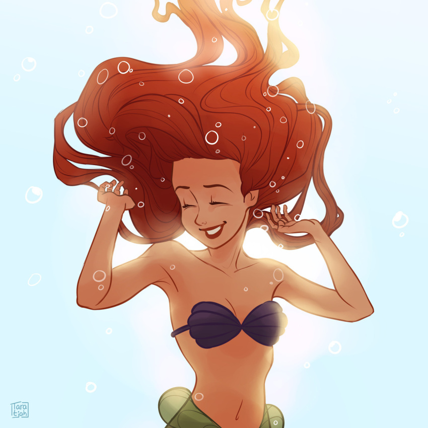 1girl ariel_(disney) bubble closed_eyes disney highres long_hair mermaid monster_girl navel red_hair red_lips shell shell_bikini solo taratjah the_little_mermaid underwater