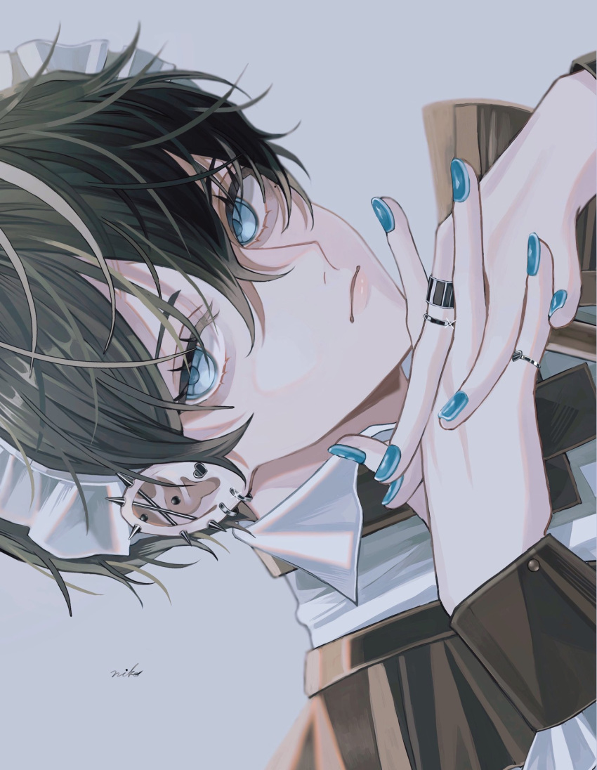 1boy black_hair blue_eyes blue_nails closed_mouth ear_piercing earrings expressionless fingernails hair_between_eyes highres jewelry light_blush light_particles looking_at_viewer maid maid_headdress male_focus multiple_rings nail_polish original own_hands_together piercing portrait ring short_hair signature solo sosaku_25