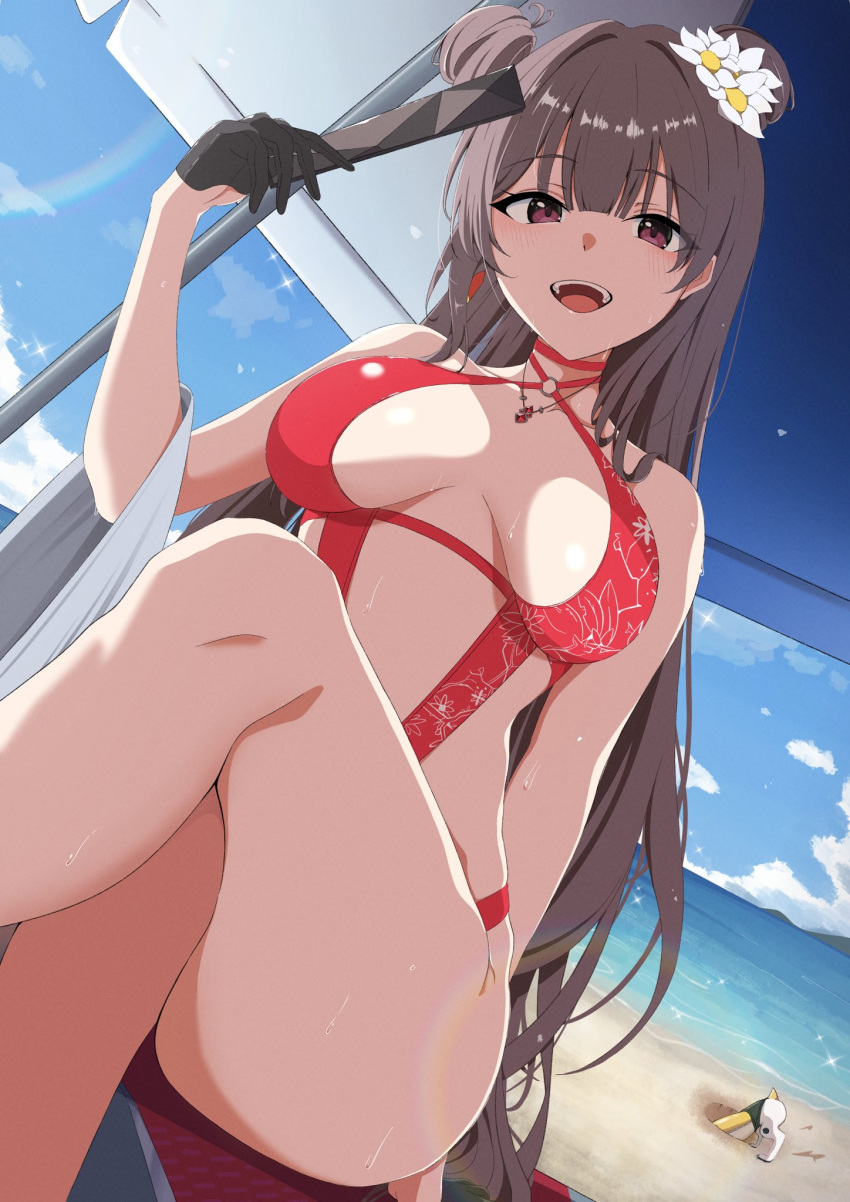 1girl bare_shoulders beach blue_sky blunt_bangs bolt_(nikke) breasts brown_hair cleavage cleavage_cutout clothing_cutout dog double_bun earrings flower gloves goddess_of_victory:_nikke hair_bun half_gloves hand_fan highres holding holding_fan jewelry kana_(wucz8478) long_hair medium_breasts necklace one-piece_swimsuit open_mouth outdoors red_eyes sidelocks sky sleeveless smile solo_focus swimsuit yan_(nikke)