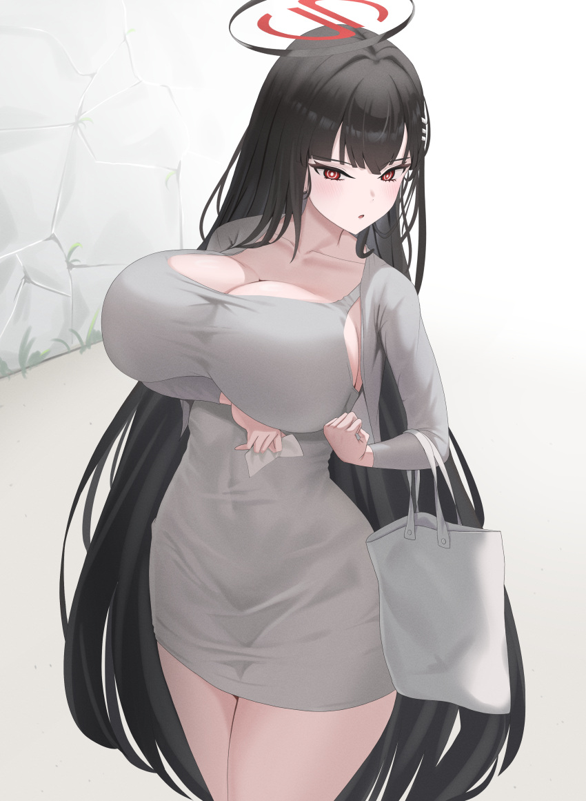 1girl absurdres bad_anatomy bad_arm black_hair blue_archive blush breasts collarbone cosplay cowboy_shot dongtan_lady_(k_pring) dongtan_lady_(k_pring)_(cosplay) dress grey_dress hair_ornament hairpin halo highres large_breasts long_hair long_sleeves mint_cat_(a_huu) parted_lips red_eyes rio_(blue_archive) solo thighs