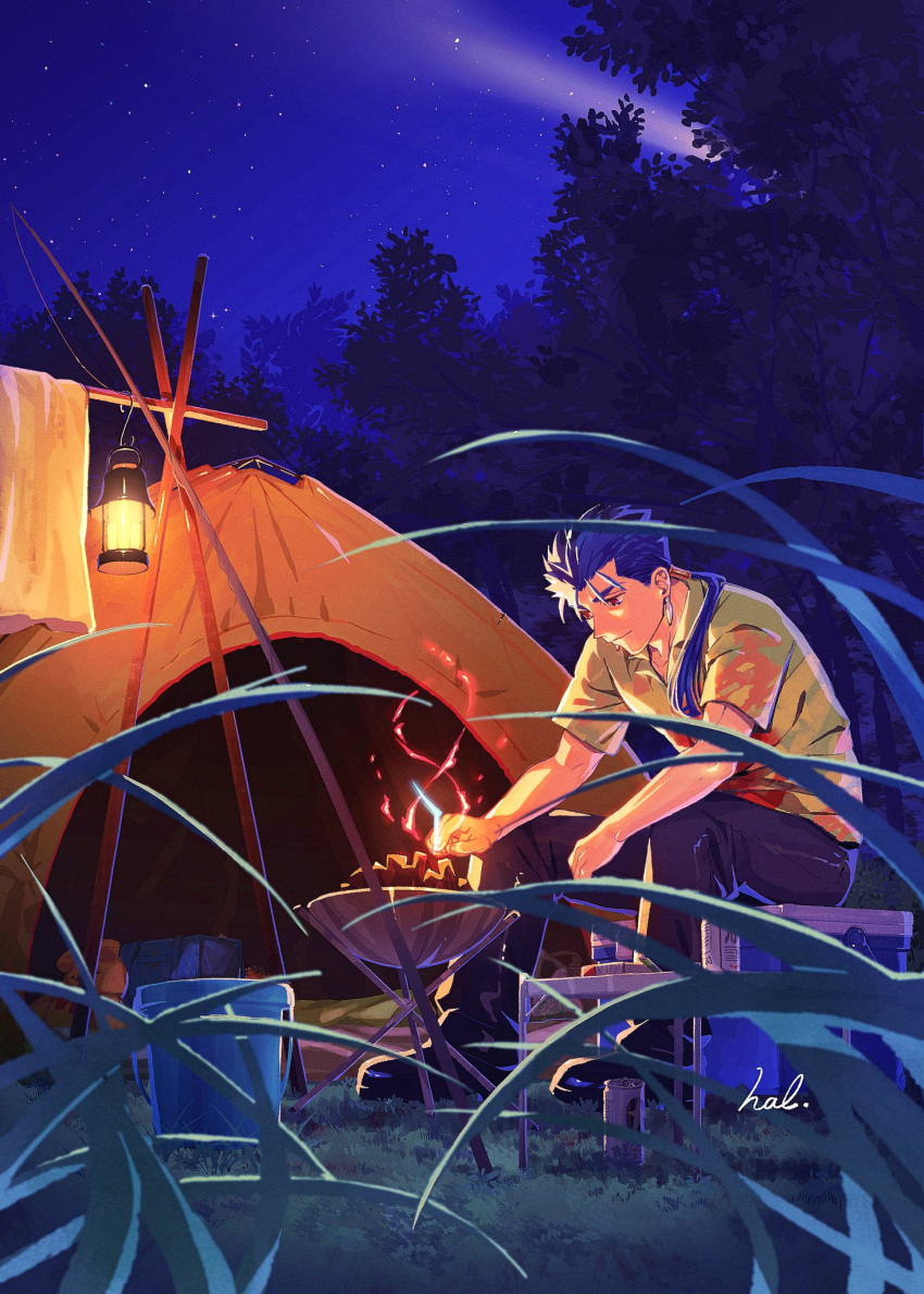 1boy alcohol beads beer blue_hair bucket buttons campfire camping closed_mouth collared_shirt cooler cu_chulainn_(fate) cu_chulainn_(fate/stay_night) dark_blue_hair earrings fate/stay_night fate_(series) fishing_rod hair_beads hair_ornament hal_(haaaalhal) highres jewelry lantern long_hair male_focus night night_sky official_alternate_costume outdoors pants ponytail red_eyes shirt short_sleeves sitting sky smile solo spiked_hair star_(sky) starry_sky tent