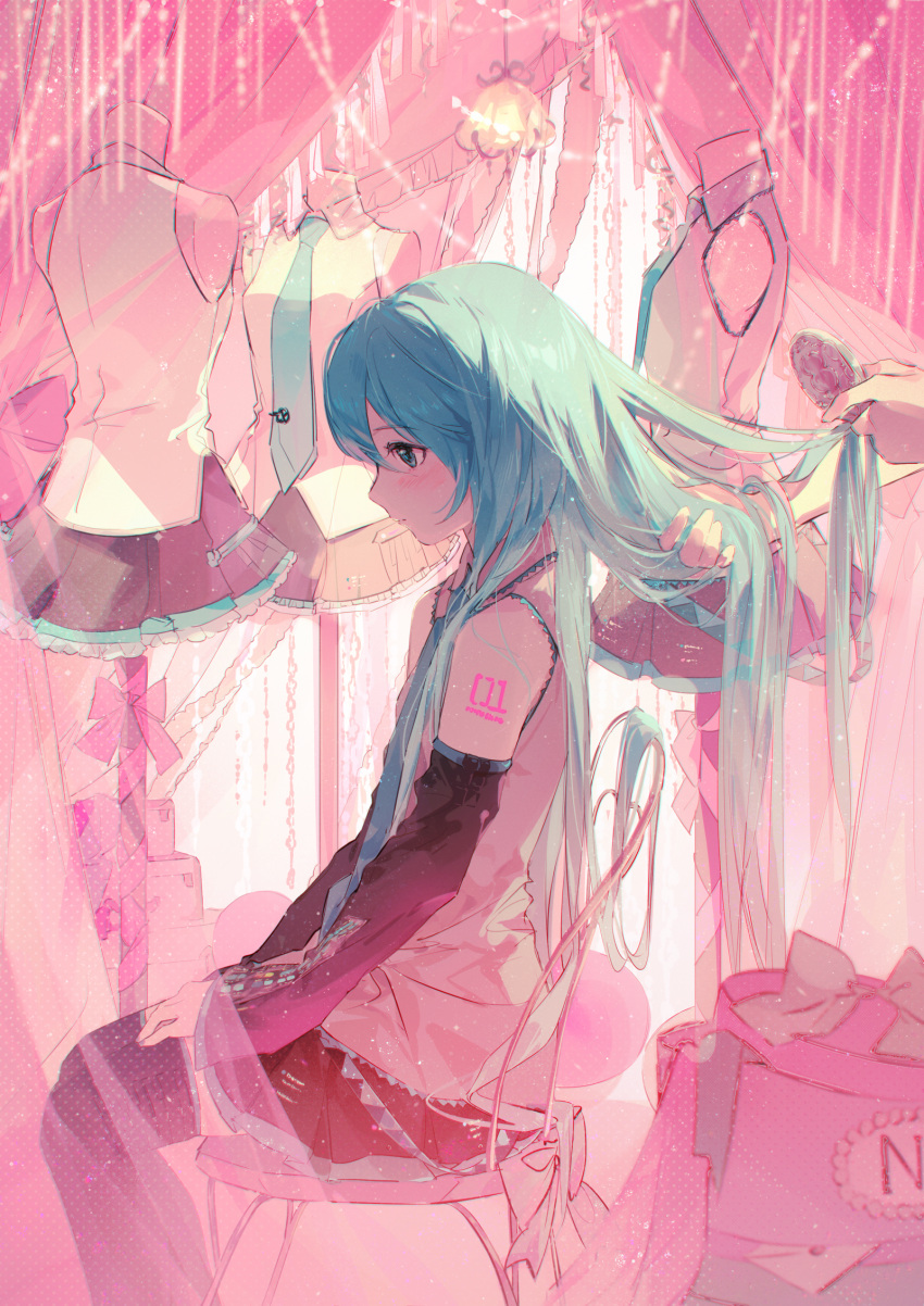 1girl alternate_hairstyle aqua_eyes aqua_necktie balabling black_skirt black_sleeves black_thighhighs blush box brushing_another's_hair brushing_hair commentary_request cowboy_shot curtains detached_sleeves from_side hair_brush hair_down hatsune_miku highres indoors long_hair looking_down mannequin necktie number_tattoo pink_ribbon pink_theme pleated_skirt ribbon shirt shoulder_tattoo sitting skirt sleeveless sleeveless_shirt solo_focus tattoo thighhighs vocaloid white_ribbon white_shirt