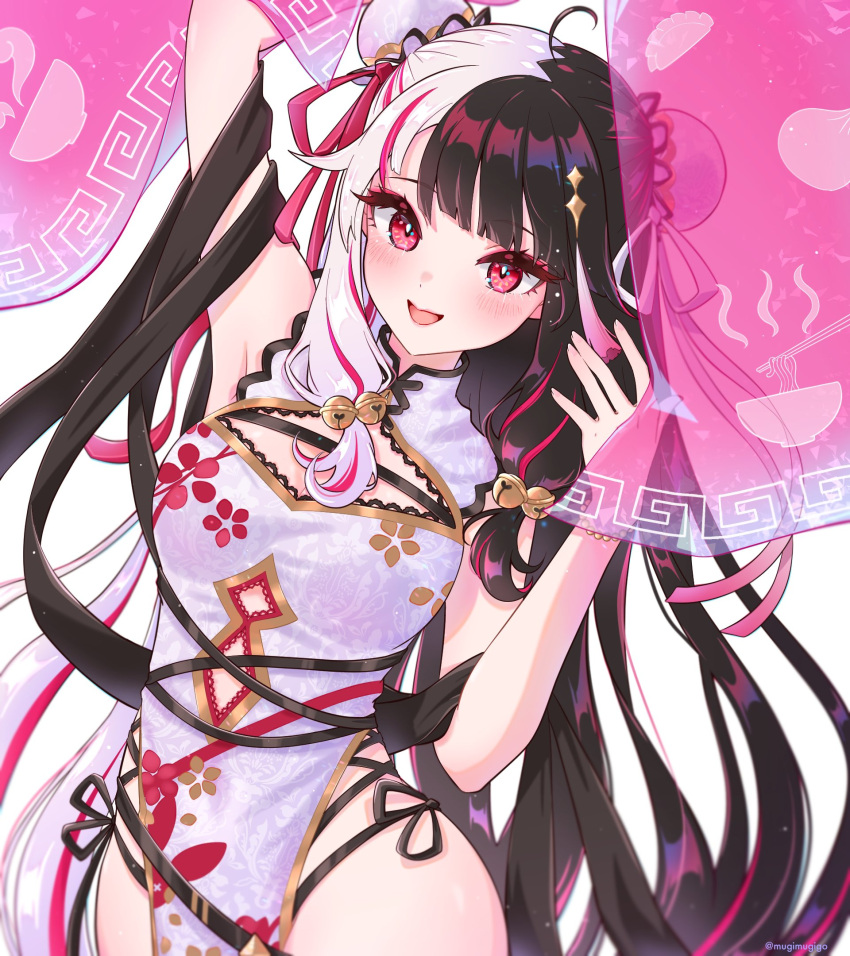 1girl ahoge animal_print arm_up armpits bell black_hair blush breasts bun_cover chest_strap china_dress chinese_clothes cleavage clothing_cutout dot_nose double_bun dress eyeshadow hair_bell hair_bun hair_ornament highres jingle_bell large_breasts lips long_hair looking_at_viewer makeup mugimugigo multicolored_hair multicolored_ribbon navel_cutout nijisanji open_mouth pelvic_curtain print_dress rabbit_print red_eyes red_eyeshadow red_hair ribbon smile solo split-color_hair streaked_hair tassel tassel_hair_ornament two-tone_hair underboob_cutout very_long_hair virtual_youtuber white_dress white_hair yorumi_rena yorumi_rena_(10th_costume)