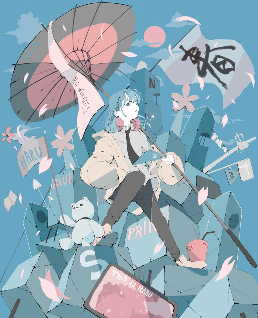 1girl black_necktie black_pants blue_background blue_eyes blue_hair cloud collared_shirt commentary_request crossed_legs falling_petals flag from_side headphones headphones_around_neck highres holding holding_umbrella hood hood_down hooded_jacket jacket long_bangs long_hair long_sleeves looking_at_viewer moon necktie no_pupils nocopyrightgirl open_clothes open_jacket original outdoors pale_skin pants parasol petals puffy_sleeves red_headphones red_moon rubble shirt shoes sitting solo stuffed_animal stuffed_toy teddy_bear umbrella white_flag white_shirt yellow_footwear yellow_jacket