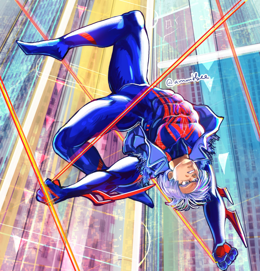 1boy amartbee blue_bodysuit bodysuit building clenched_hands cosplay day denim denim_jacket dragon_ball dragon_ball_z english_commentary flexible highres jacket male_focus marvel outdoors outstretched_arm solo spider-man_(2099) spider-man_(2099)_(cosplay) spider-man_(series) toned toned_male trunks_(dragon_ball) white_hair