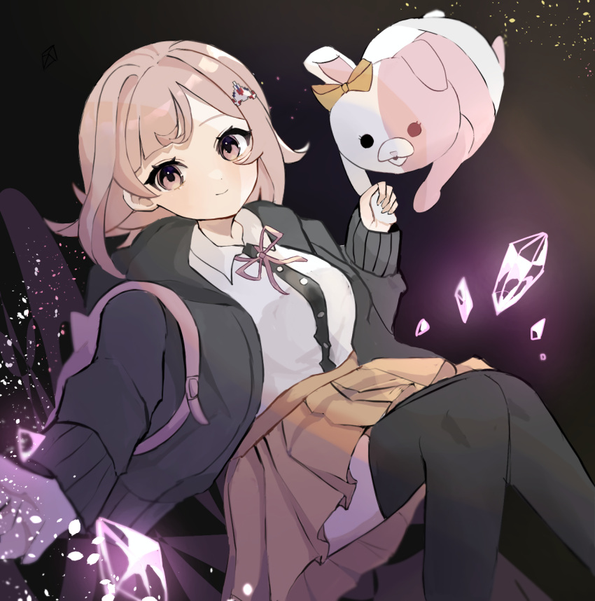 1girl backpack bag black_jacket black_shirt black_thighhighs brown_background brown_skirt collared_shirt danganronpa_(series) danganronpa_2:_goodbye_despair dress_shirt ear_bow feet_out_of_frame galaga hair_ornament hand_up highres jacket long_sleeves medium_hair miniskirt monomi_(danganronpa) na_(mpmb) nanami_chiaki open_clothes open_jacket pink_bag pleated_skirt purple_background shirt shirt_tucked_in skirt smile solo thighhighs white_shirt