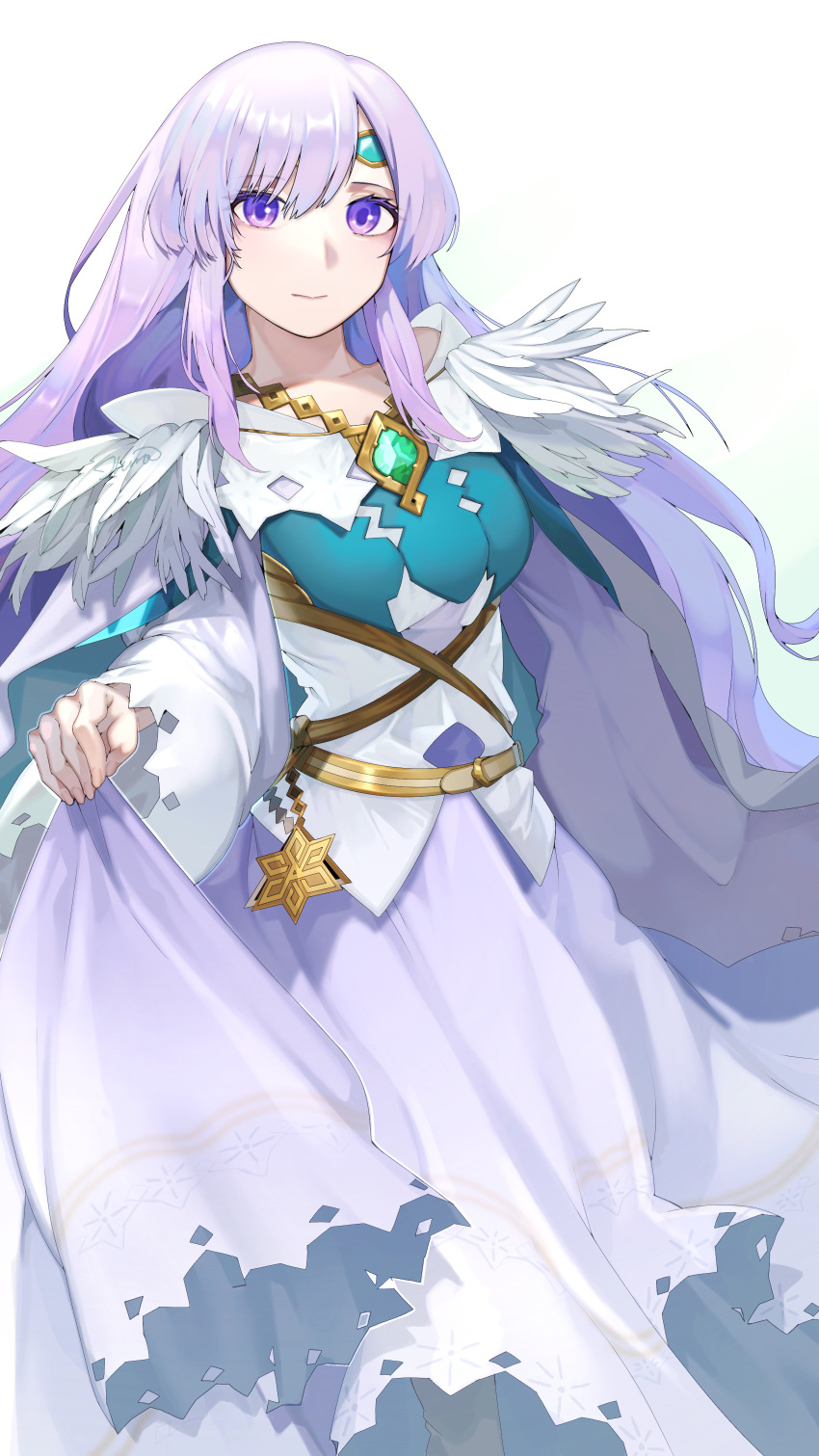 1girl absurdres breasts dress fire_emblem fire_emblem:_genealogy_of_the_holy_war gem highres ikura_(downdexp) jewelry julia_(fire_emblem) long_hair looking_at_viewer official_alternate_costume purple_eyes purple_hair simple_background solo