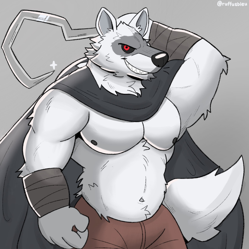 anthro bottomwear canid canine canis cape clothed clothing death_(puss_in_boots) dreamworks fur grey_body grey_fur hi_res looking_at_viewer male mammal muscular muscular_anthro muscular_male navel nipples pants pecs puss_in_boots_(dreamworks) red_eyes ruffusbleu simple_background smile solo tail teeth white_body wolf