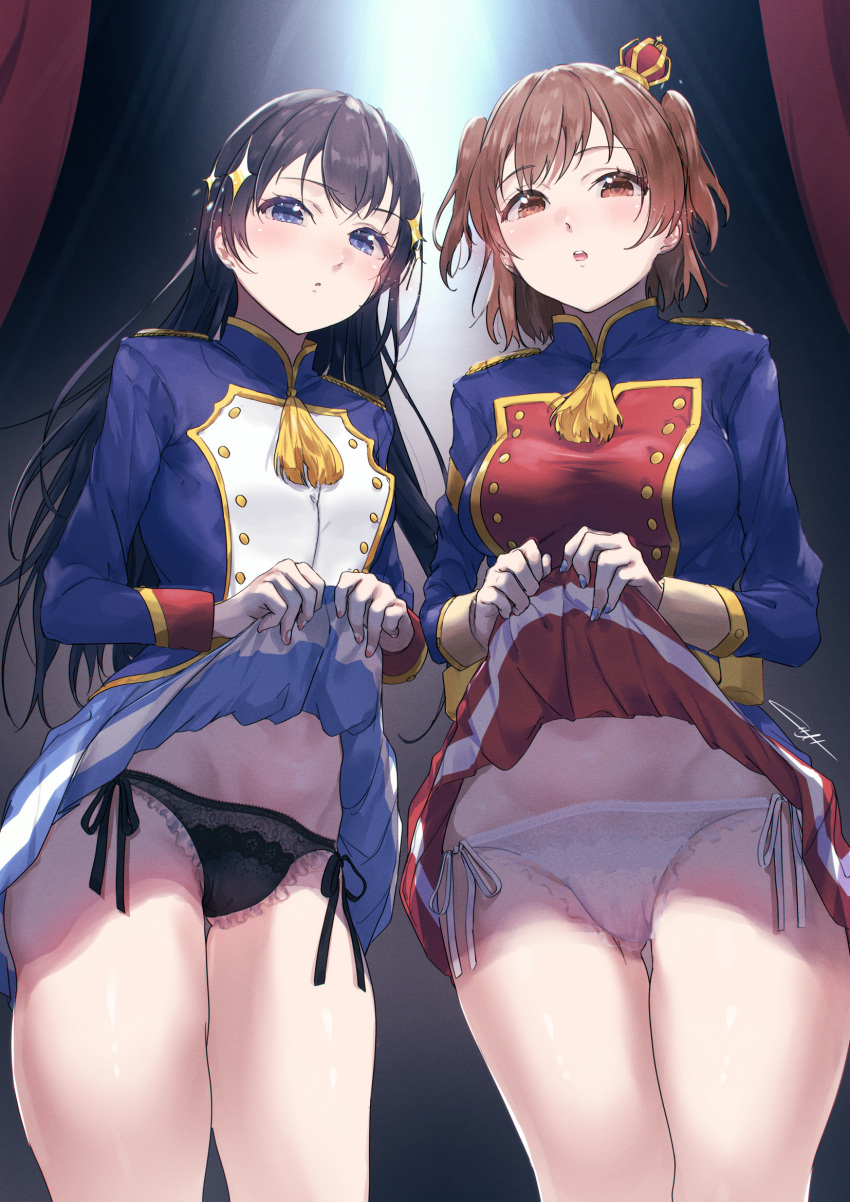 2girls aijou_karen artist_name ass_visible_through_thighs bikini black_background black_hair black_panties blue_eyes blue_jacket blue_nails blue_skirt blush breasts brown_eyes brown_hair buttons clothes_lift commentary_request commission cowboy_shot crown curtains epaulettes fingernails frilled_panties frills from_below gradient_background grey_background groin hair_ornament hands_up highres jacket kagura_hikari kuziaaizuk lace-trimmed_panties lace_trim lifted_by_self long_hair looking_at_viewer looking_down medium_breasts mini_crown miniskirt multicolored_clothes multicolored_jacket multiple_girls nail_polish panties parted_lips pleated_skirt red_curtains red_jacket red_skirt see-through short_hair shoujo_kageki_revue_starlight side-tie_bikini_bottom signature single_stripe skeb_commission skirt skirt_lift sparkle_hair_ornament standing striped striped_skirt swimsuit tassel teeth thigh_gap tilted_headwear two_side_up underwear upper_teeth_only white_panties