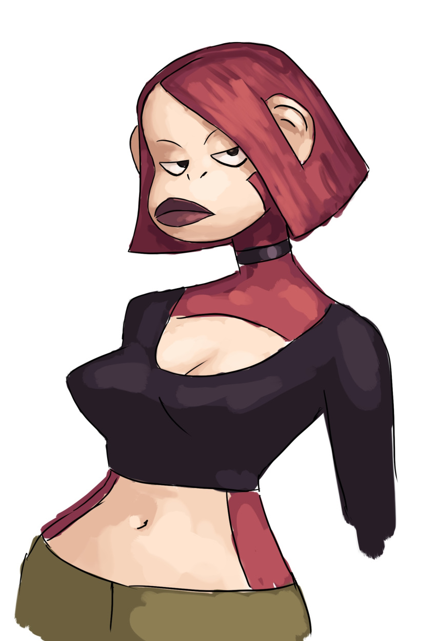 2023 alternate_species anthro bottomwear breasts choker cleavage clone_high clothed clothing crop_top female fur hair haplorhine hi_res jewelry joan_of_arc lips mammal midriff monkey navel necklace pants primate red_body red_fur red_hair red_lips redustheriotact shirt short_hair simple_background solo topwear white_background