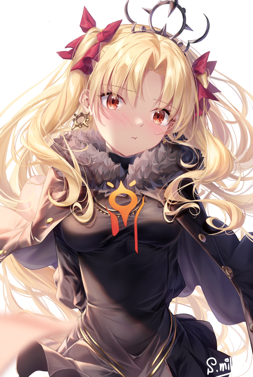 1girl absurdres black_cape black_dress black_tiara blonde_hair blush breasts cape dress earrings ereshkigal_(fate) ereshkigal_alter_(fate) fate/grand_order fate_(series) fur-trimmed_cape fur_trim hair_ribbon highres hoop_earrings jewelry long_hair looking_at_viewer medium_breasts nattsu_(nattu888_8) parted_bangs red_eyes red_ribbon ribbon simple_background solo tiara twintails white_background