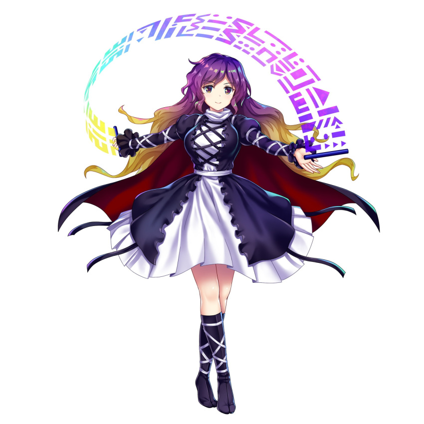 1girl black_cape black_dress black_footwear breasts brown_eyes brown_hair cape closed_mouth contrapposto cross-laced_clothes dress full_body game_cg gradient_eyes gradient_hair highres hijiri_byakuren juliet_sleeves large_breasts long_hair long_sleeves looking_at_viewer multicolored_eyes multicolored_hair puffy_sleeves purple_eyes purple_hair rotte_(1109) simple_background smile solo sorcerer's_sutra_scroll third-party_source touhou touhou_lost_word undefined_fantastic_object white_background white_dress