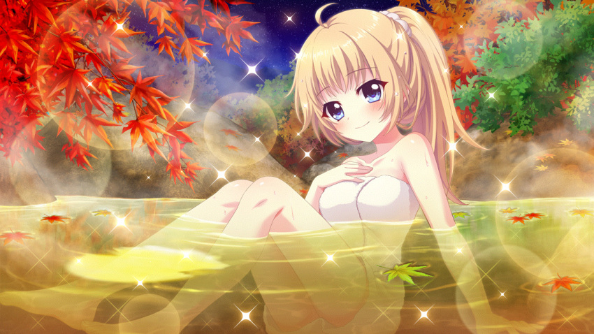 1girl ahoge alternate_hairstyle autumn_leaves barefoot blue_eyes breasts closed_mouth collarbone dot_nose film_grain from_side game_cg hand_on_own_chest high_ponytail itsumura_haruka izumi_tsubasu lens_flare light_brown_hair long_hair looking_at_viewer medium_breasts naked_towel night night_sky non-web_source official_art onsen outdoors partially_submerged re:stage! rock sitting sky smile solo sparkle star_(sky) towel white_towel