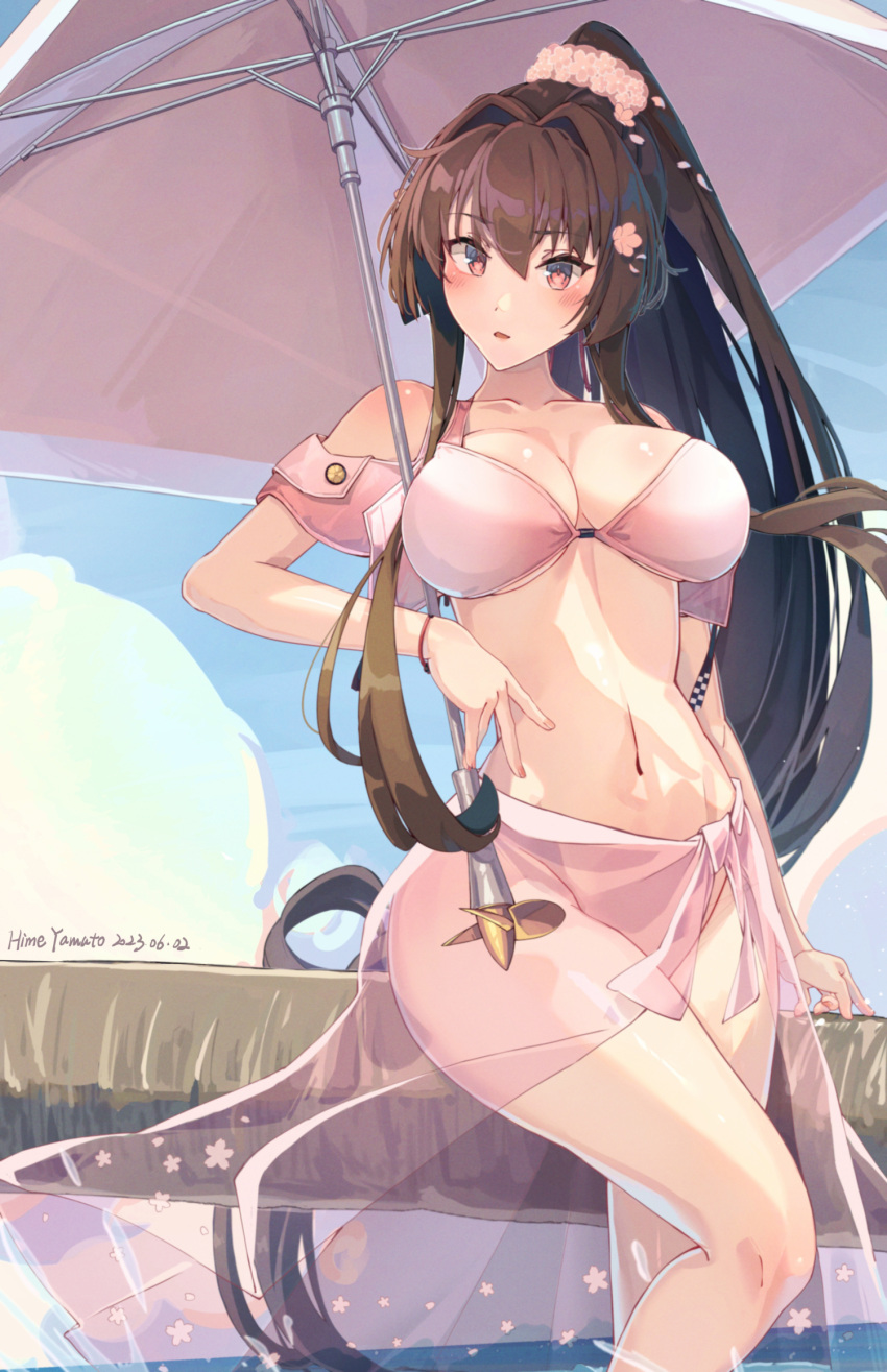 1girl artist_name bikini blush breasts brown_eyes brown_hair dated flower hair_between_eyes hair_flower hair_ornament highres himeyamato kantai_collection large_breasts long_hair navel open_mouth pink_bikini pink_flower pink_sarong ponytail signature solo swimsuit very_long_hair yamato_(kancolle)