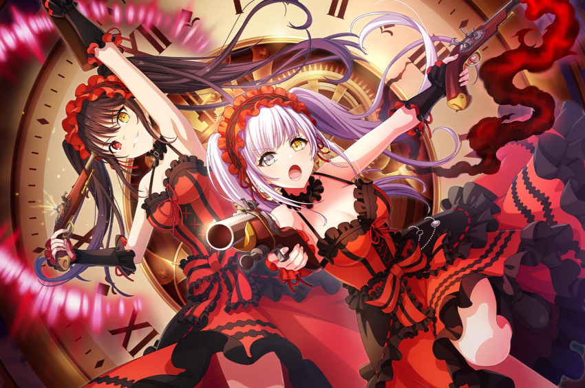 2girls antique_firearm black_hair breasts clock_eyes clockwork cosplay crossover d4dj date_a_live dress dutch_angle firelock flintlock gun gun_to_head hairband hand_up heterochromia izumo_saki large_breasts lolita_fashion lolita_hairband medium_breasts multiple_girls official_art open_mouth pointing_weapon red_dress red_eyes roman_numeral symbol-shaped_pupils teeth tokisaki_kurumi tokisaki_kurumi_(cosplay) twintails two-tone_dress weapon white_hair