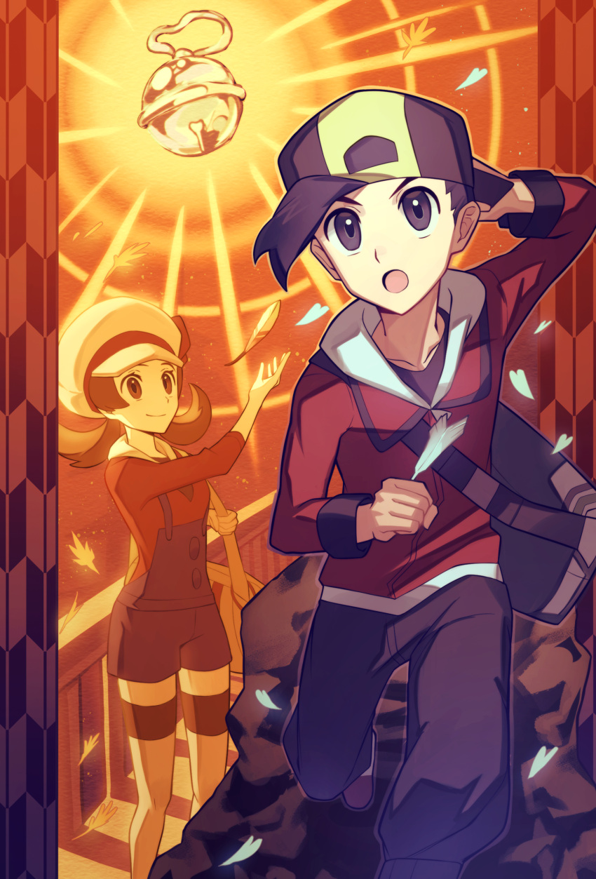 1boy 1girl :o backpack backwards_hat bag bell brown_hair clenched_hand closed_mouth commentary_request ethan_(pokemon) falling_leaves feathers flipped_hair hand_up hat highres holding jacket leaf long_hair long_sleeves lyra_(pokemon) natupath_summer open_mouth overalls pants pokemon pokemon_(game) pokemon_hgss red_jacket red_shirt shirt smile thighhighs twintails