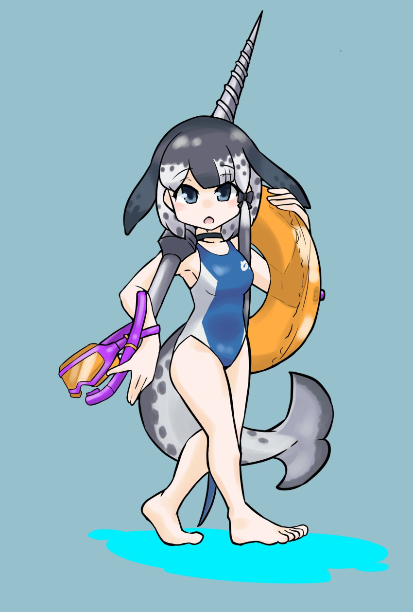 1girl alternate_costume bare_arms bare_legs bare_shoulders barefoot black_bow black_choker blue_eyes blue_one-piece_swimsuit blush bow cetacean_tail choker collarbone competition_swimsuit fins fish_tail gravi_pig4891 grey_hair grey_one-piece_swimsuit hair_bow head_fins highres innertube japari_symbol kemono_friends looking_at_viewer multicolored_hair narwhal_(kemono_friends) one-piece_swimsuit polearm short_hair short_hair_with_long_locks snorkel_mask solo spear swimsuit tail two-tone_hair two-tone_one-piece_swimsuit weapon whale_girl