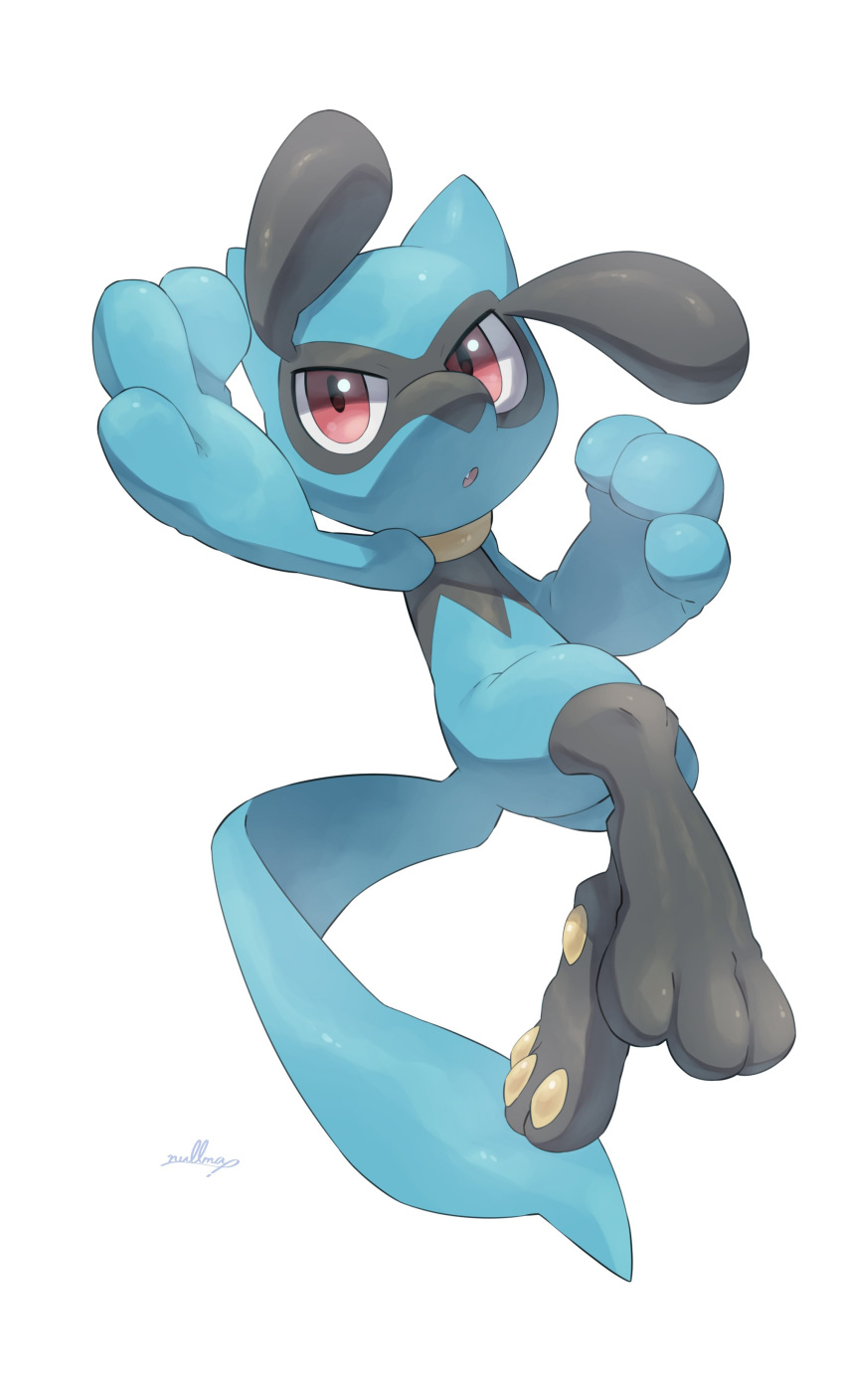 3_fingers 3_toes absurd_res ambiguous_gender biped black_body black_legs blue_arms blue_body blue_ears blue_paws blue_tail collar colored digital_media_(artwork) digital_painting_(artwork) feet feral fingers full-length_portrait generation_4_pokemon glistening glistening_eyes hi_res nintendo nullma open_mouth pawpads pink_tongue pokemon pokemon_(species) portrait red_eyes riolu shadow signature simple_background solo tail toes tongue white_background yellow_collar yellow_pawpads