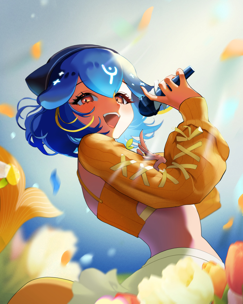 1girl absurdres bao_(vtuber) bao_(vtuber)_(5th_costume) beret black_headwear blonde_hair blue_hair blurry blurry_background cetacean_tail crop_top falling_petals fins fish_tail flower hat highres holding holding_microphone indie_virtual_youtuber microphone multicolored_hair open_mouth orange_eyes orange_flower orange_sweater orange_tulip petals red_flower red_tulip ribbon short_hair skirt solo streaked_hair sweater tail tulip virtual_youtuber whale_girl yellow_ribbon yellow_skirt yuarima2