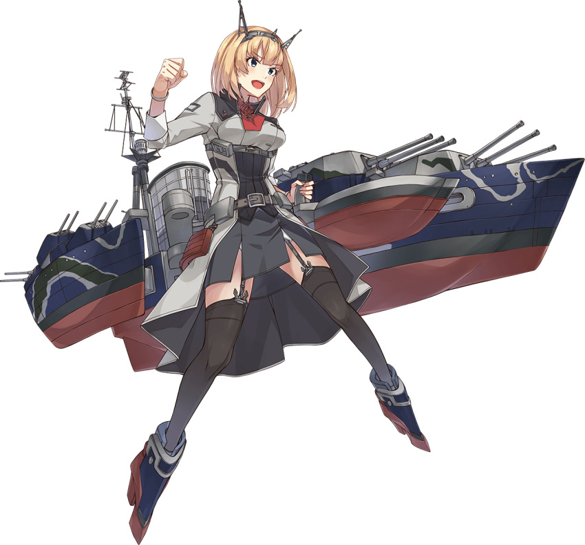 1girl ascot belt black_belt black_thighhighs blonde_hair blue_eyes flower full_body kantai_collection konishi_(koconatu) long_sleeves machinery military_uniform official_art red_ascot red_flower red_rose rigging rodney_(kancolle) rodney_kai_(kancolle) rose rudder_footwear short_hair solo thighhighs transparent_background turret uniform