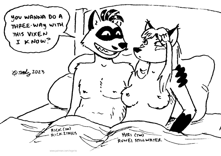 2023 anthro bed breasts canid canine dialogue duo english_text facial_hair female fox fur furniture hair hand_on_shoulder headboard male male/female mammal mustache naturally_censored nipple_tuft nipples nude pillow procyonid raccoon rick2tails smile tegerio text tuft yuri_(runei)