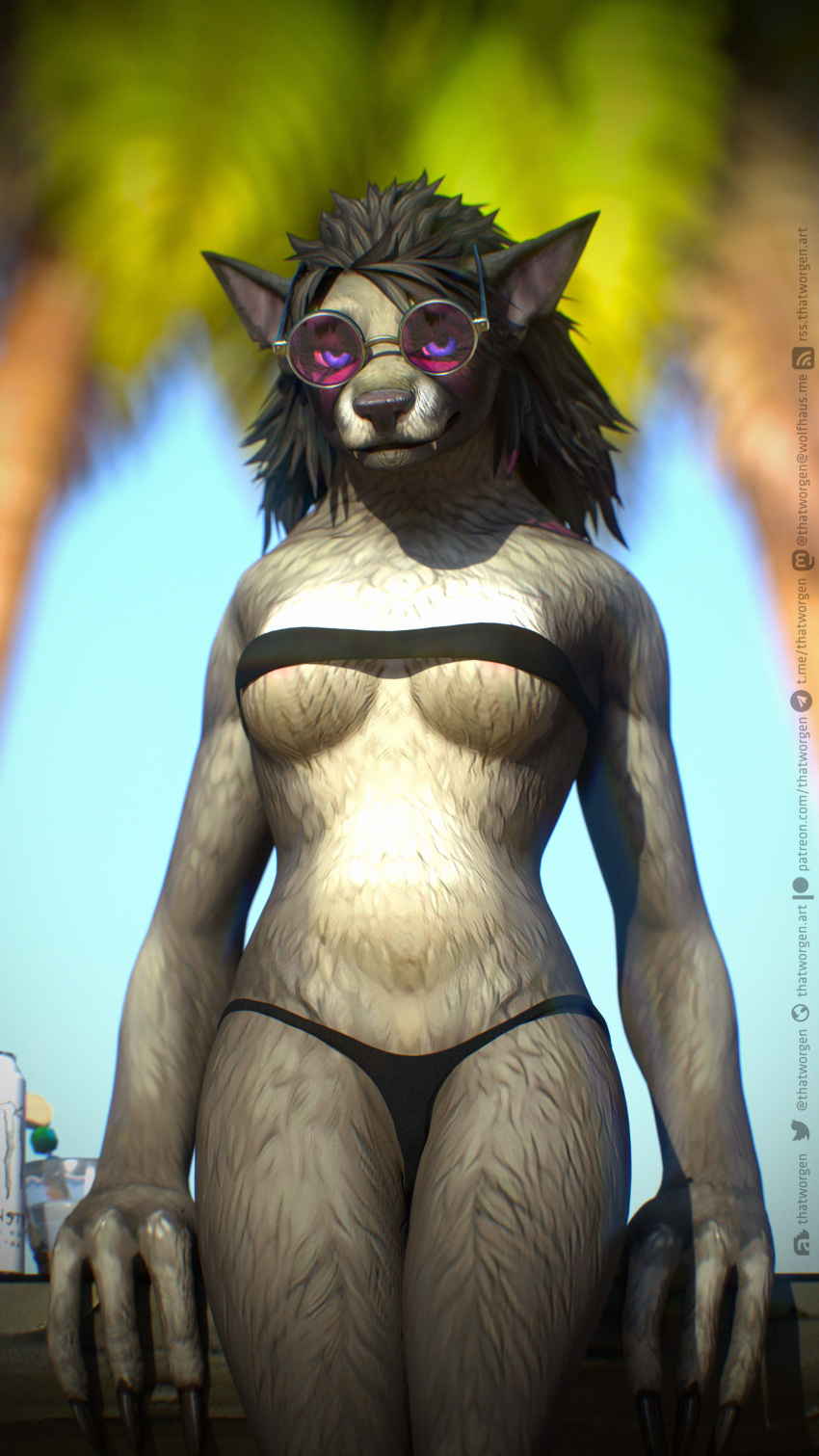 2023 3d_(artwork) 3dsmax 9:16 absurd_res anthro areola areola_slip bandeau black_bandeau black_clothing black_hair black_nose black_thong black_topwear black_underwear blizzard_entertainment canid clothing destiney_crawford_(thatworgen) digital_media_(artwork) female fur grey_body grey_fur hair hi_res looking_at_viewer mammal monster_energy monster_energy_can solo text thatworgen thong tinted_glasses topwear underwear url warcraft watermark were werecanid worgen
