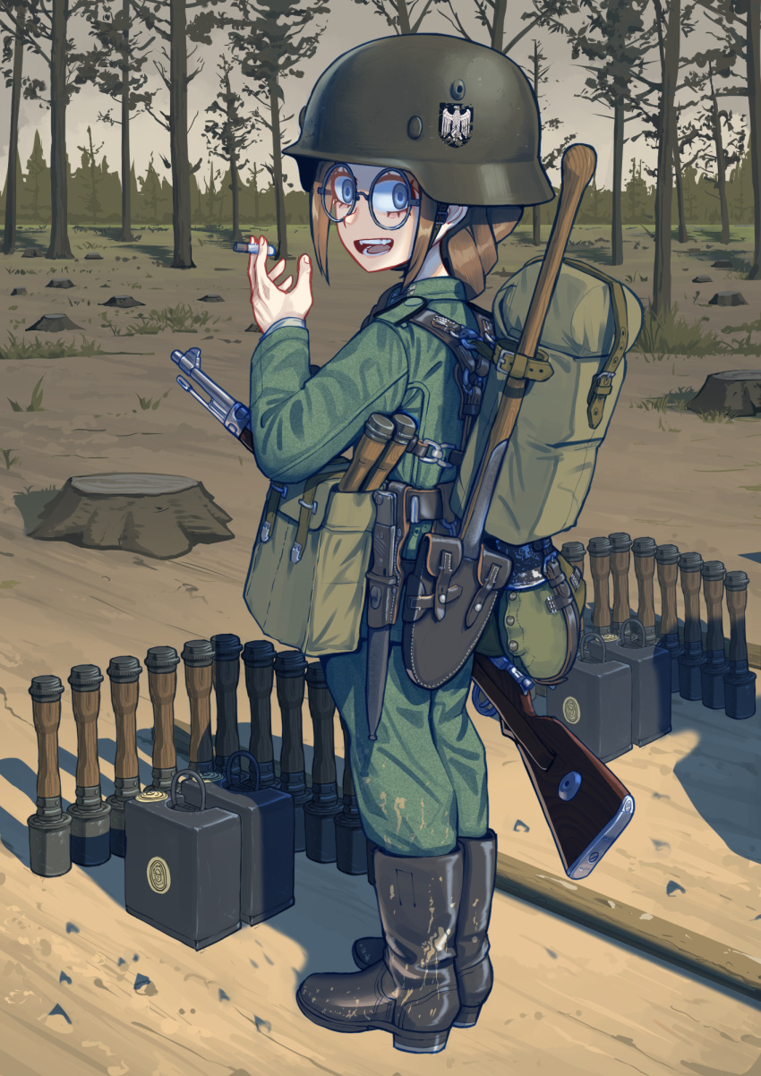 1girl backpack bag blue_eyes bolt_action boots braid brown_hair cigarette commentary dirty dirty_clothes english_commentary erica_(naze1940) explosive french_braid gas_can glasses grenade gun helmet highres holding holding_cigarette holding_gun holding_weapon looking_at_viewer mauser_98 military military_helmet military_uniform original rifle shovel solo stahlhelm stick_grenade stielhandgranate tree_stump uniform weapon wehrmacht world_war_ii