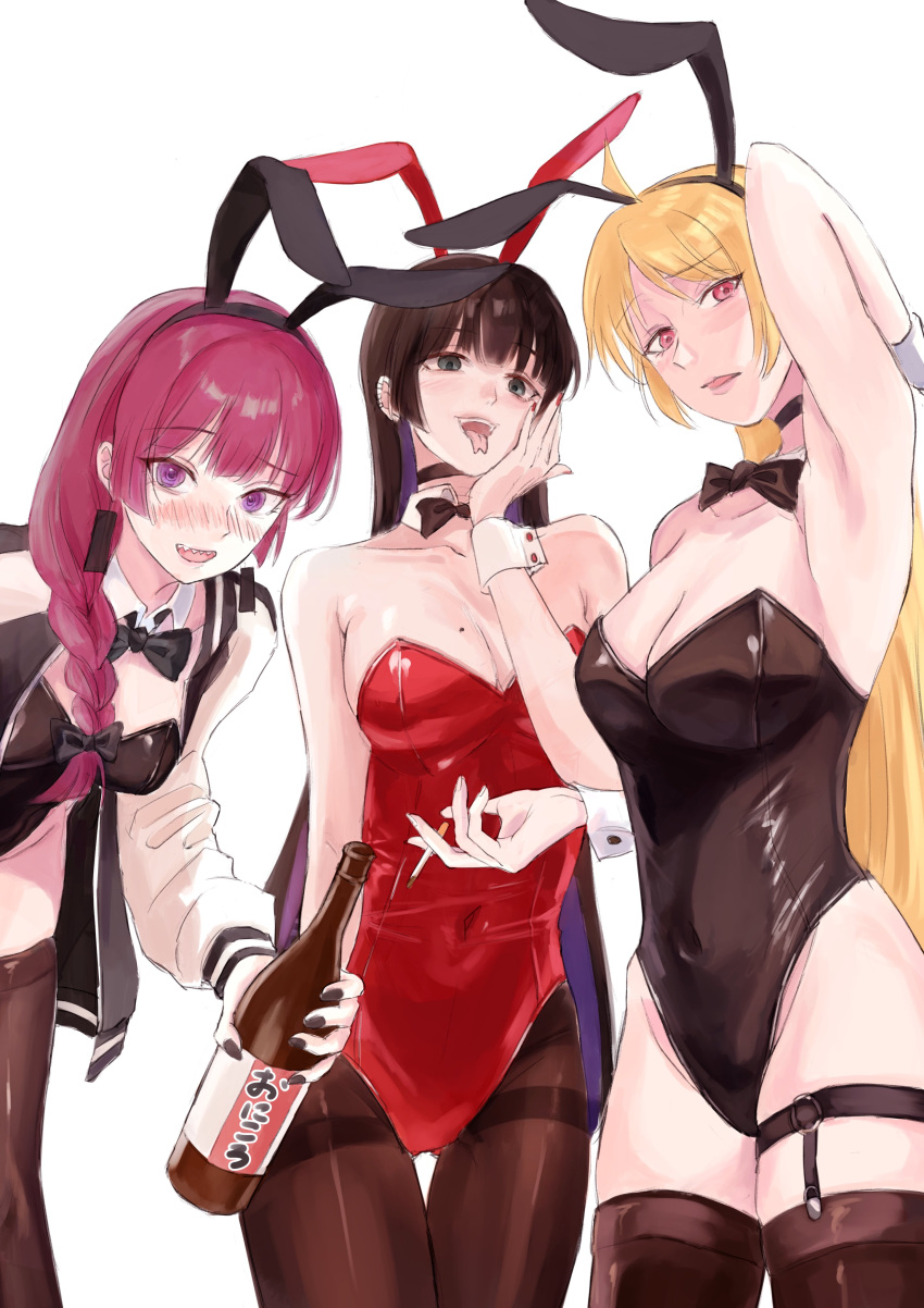 3girls absurdres ahoge animal_ears beer_bottle black_bow black_hair black_leotard black_nails blonde_hair blush bocchi_the_rock! bottle bow breasts brown_pantyhose brown_thighhighs cigarette cleavage collarbone covered_navel dangle_earrings earrings fake_animal_ears forked_tongue green_eyes hair_bow highres hiroi_kikuri holding holding_bottle holding_cigarette ijichi_seika jacket jewelry large_breasts leotard long_hair long_sleeves looking_at_viewer medium_hair mole mole_on_breast multiple_girls open_mouth pa-san pantyhose playboy_bunny purple_hair rabbit_ears red_eyes red_hair red_leotard sharp_teeth simple_background small_breasts smile sushizanmai_(sorahaaoi7) teeth thighband_pantyhose thighhighs tongue tongue_out upper_teeth_only white_background