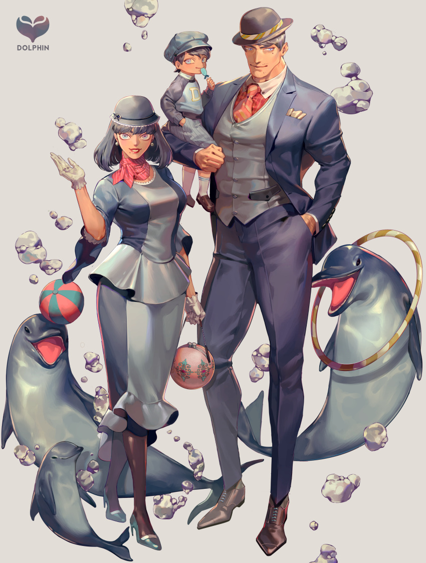1girl 2boys absurdres bag ball blue_dress blue_eyes blue_headwear blue_pants blue_shirt blue_suit bubble candy dolphin dress earrings facial_hair family food formal gloves hand_in_pocket handbag hat high_heels highres holding holding_bag jewelry lapels lollipop looking_at_viewer male_child mature_female mature_male mole mole_under_eye mole_under_mouth multiple_boys muscular muscular_male necktie original pants red_lips red_necktie red_scarf scarf shirt short_hair socks suit thighhighs ueno_kishi waving_arm white_background white_gloves