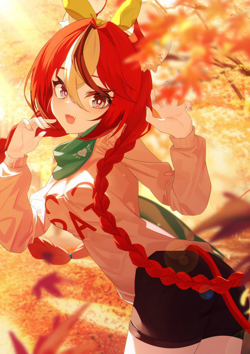1girl :d absurdres animal_ear_fluff animal_ears autumn autumn_leaves black_hair black_shorts blue_eyes blurry bow braid breasts commentary cowboy_shot day depth_of_field fang from_side green_scarf hair_between_eyes hair_bow hakos_baelz hands_up head_tilt heart highres hololive hololive_english jiang_ye_kiri leaning_forward lens_flare long_hair long_sleeves looking_at_viewer looking_to_the_side low_twin_braids motion_blur mouse_ears mouse_girl mouse_print mouse_tail multicolored_hair nail_polish outdoors pink_nails red_hair scarf shirt shorts sidelocks small_breasts smile solo standing strawberry_baelz streaked_hair tail twin_braids very_long_hair virtual_youtuber white_hair white_shirt yellow_bow