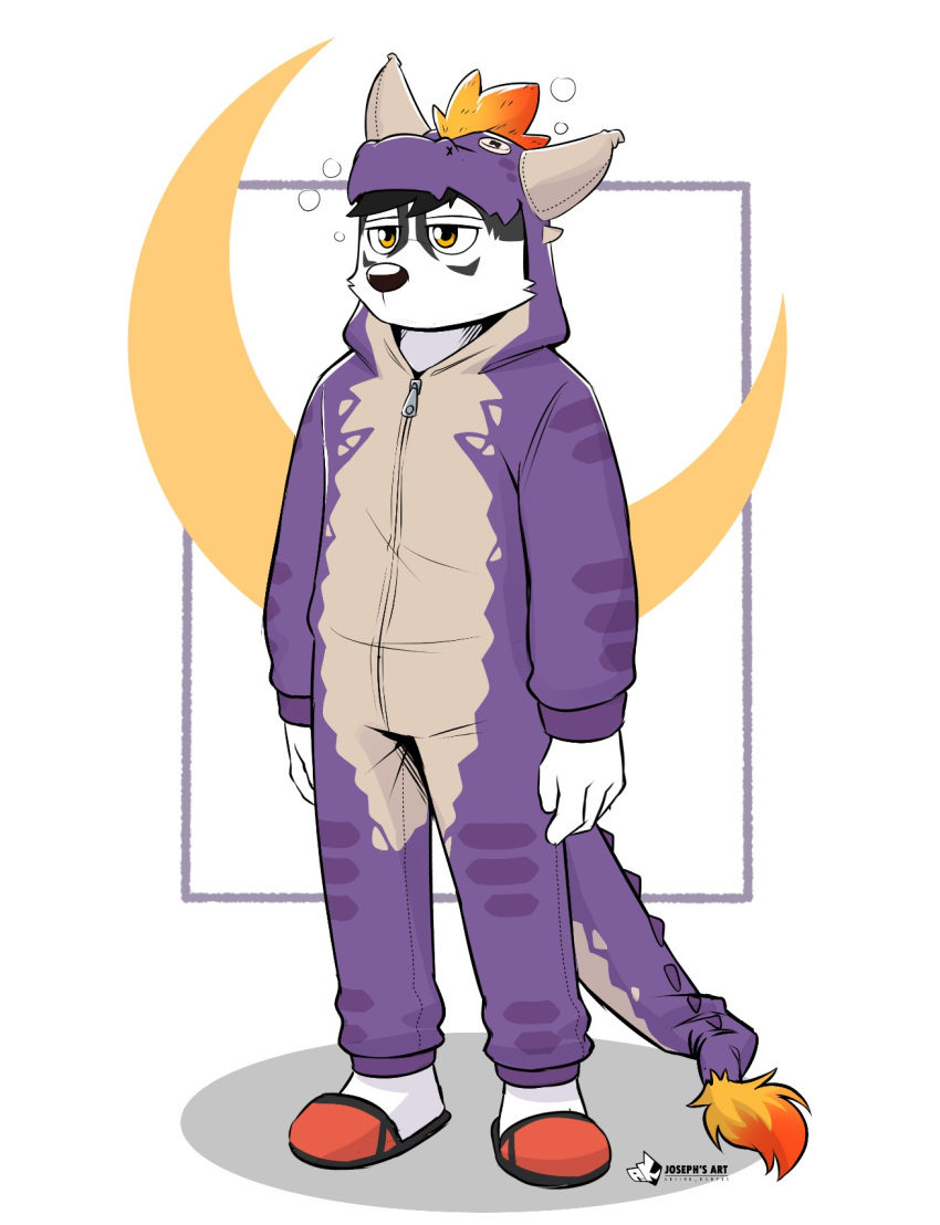 anjing_kampuss anthro biped canid canine canis clothing domestic_dog eyebrows fingers hi_res joseph_(anjing_kampuss) male mammal onesie solo standing tired