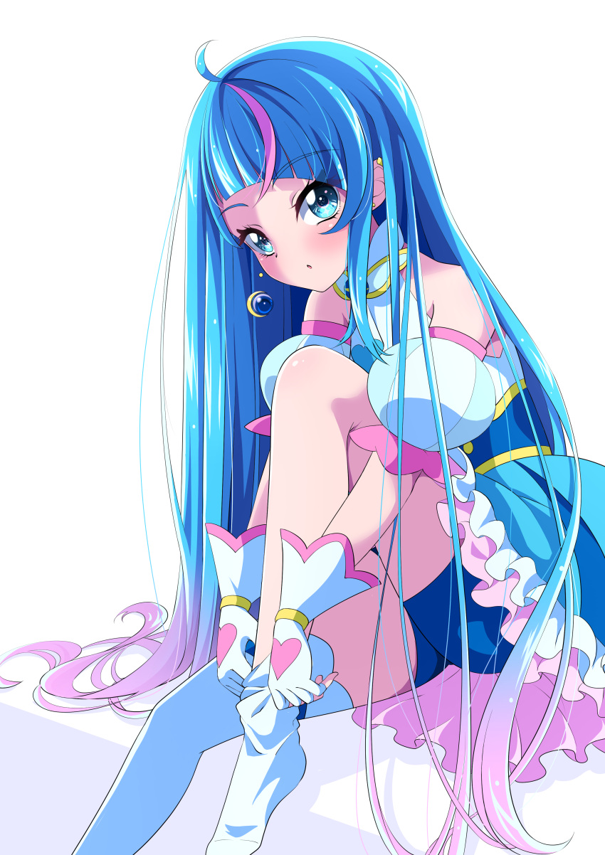 1girl absurdres ahoge blue_dress blue_eyes blue_hair blue_shorts commentary_request cure_sky dress dressing earrings eyelashes gloves gradient_hair hair_down highres hirogaru_sky!_precure jewelry long_hair looking_at_viewer magical_girl multicolored_hair pink_hair precure s-operator shorts shorts_under_dress simple_background sitting solo sora_harewataru streaked_hair thighhighs thighs two-tone_hair very_long_hair white_background white_gloves white_thighhighs