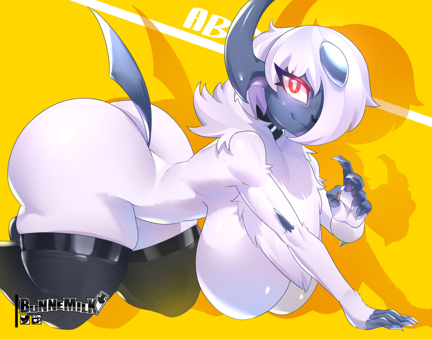 absol absurd_res anthro big_breasts breasts bunnemilk butt claws female finger_claws fur generation_3_pokemon hair hair_over_eye hi_res nintendo one_eye_obstructed pokemon pokemon_(species) red_eyes simple_background solo tail thick_thighs white_body white_fur white_hair